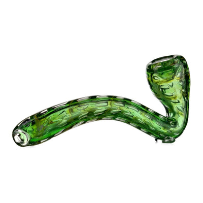 Handmade quilted glass sherlock pipe with textured, curved green body and unique design