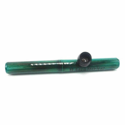 Emerald green glass bamboo steamroller with black mouthpiece and wood bowl