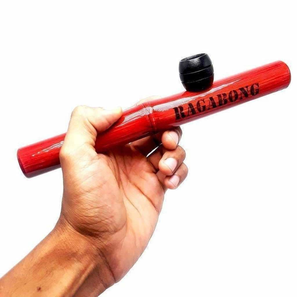 Red wooden pipe with black bowl in Ragabong medium bamboo steamroller