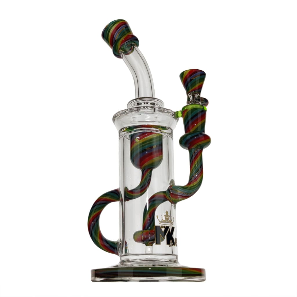 Limited Edition Mk Glass-works Rainbow Klein Recycler with colorful spiral accents