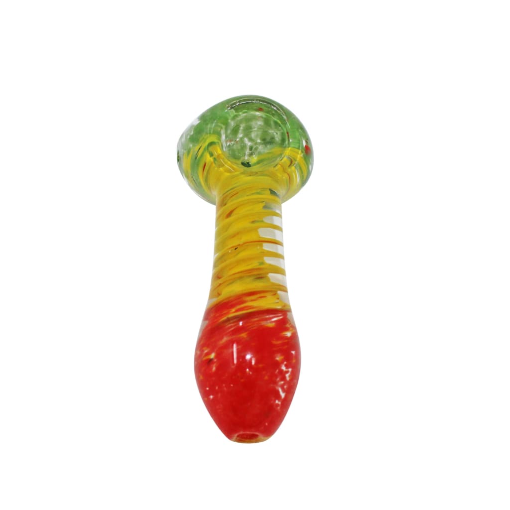 Rasta glass pipe with green bowl, yellow stem, and red base in iconic color ways