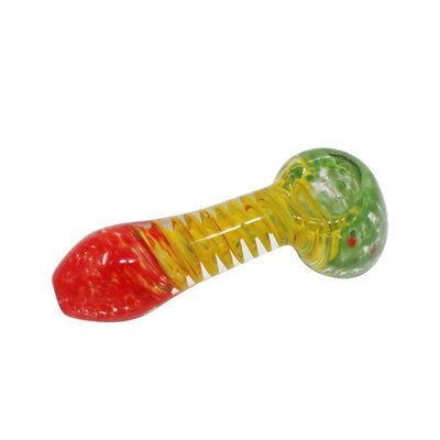 Durable Rasta glass pipe made from borosilicate glass in iconic red, yellow, and green colors