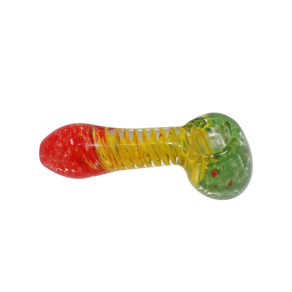 Durable rasta glass pipe in borosilicate glass with iconic red, yellow, and green color ways