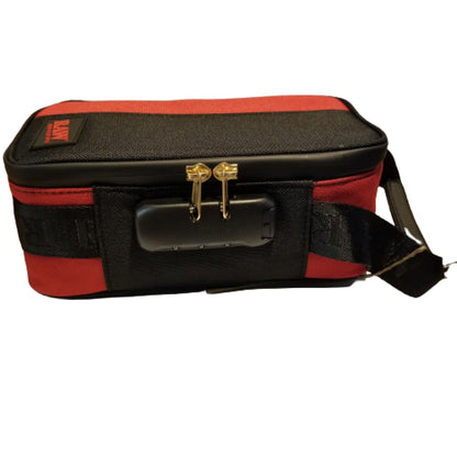 Red and black Raw Dank Locker Carryrawl case for smoking gear with shoulder strap