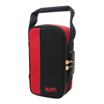 Red and black padded RAW Dank Locker Carryrawl Smell-proof Smoking Gear Case with handle strap
