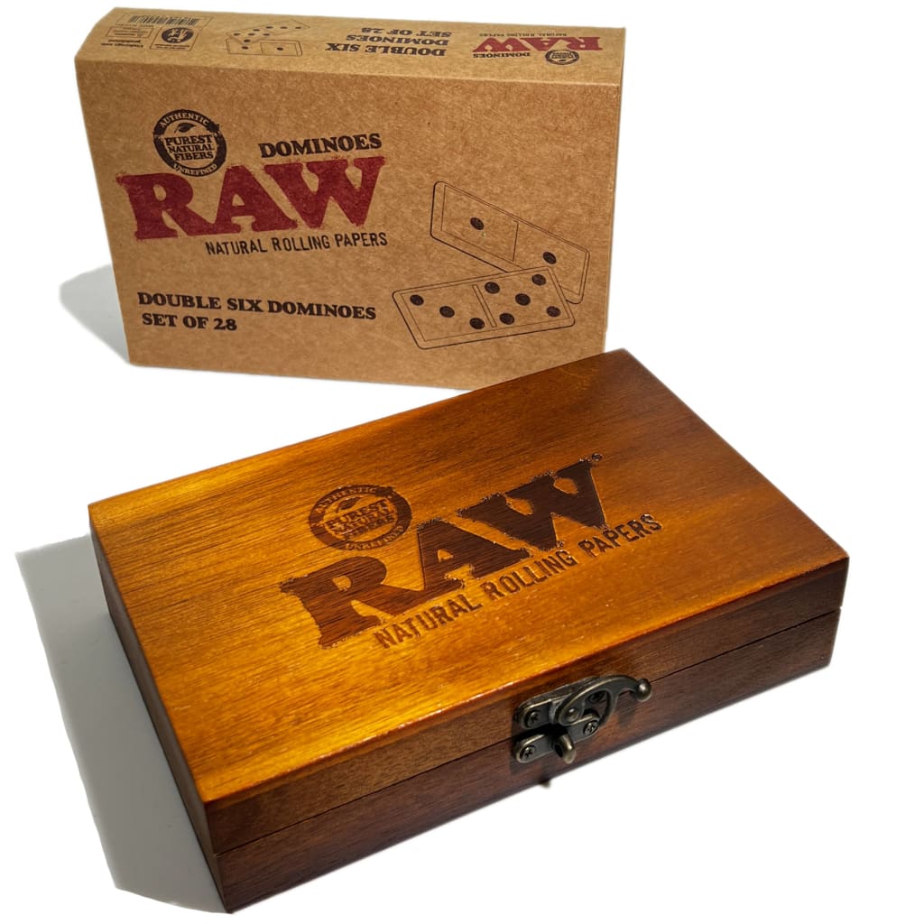 Wooden box with RAW logo and dominoes packaging from Raw Double Six Dominoes Set