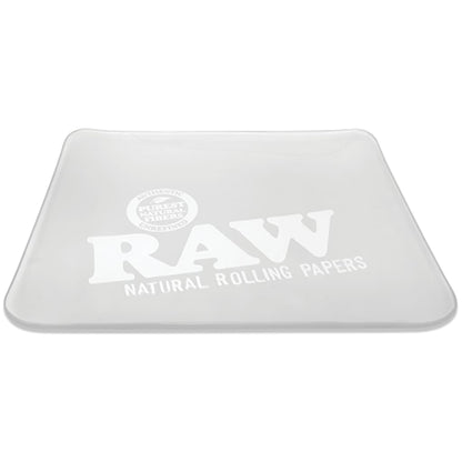 Double-thick frosted glass tray with RAW Natural Rolling Papers logo - sleek raw ice rolling