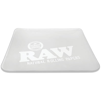 Double-thick frosted glass tray with RAW Natural Rolling Papers logo - sleek raw ice rolling