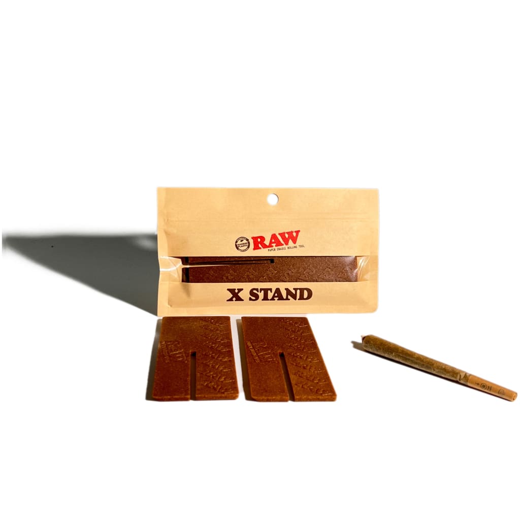 Eco-friendly RAW X Stand packaging with stand pieces & rolled joint in fill position