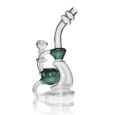 Clear glass recycler double body dab rig with teal accents for sophisticated smokers