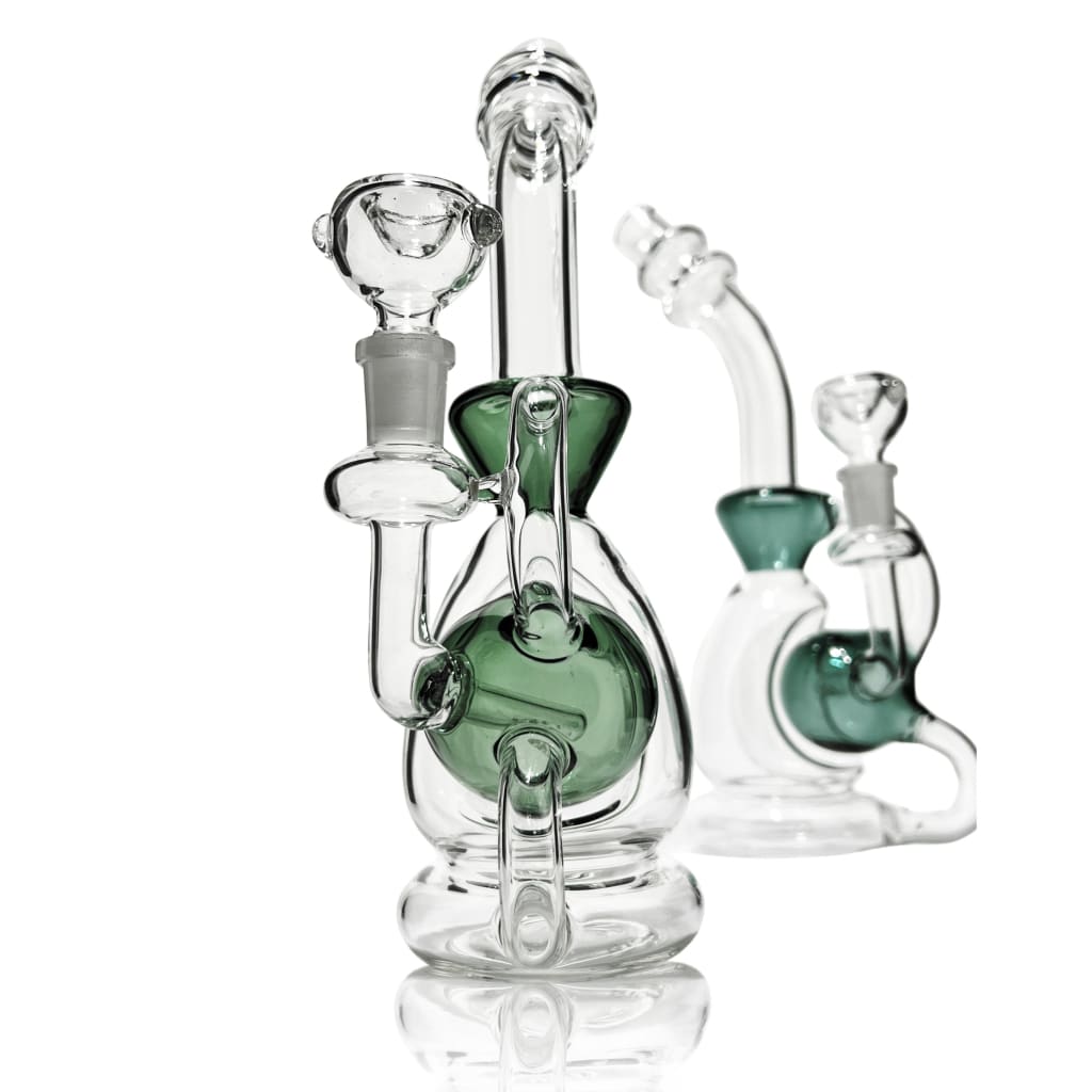 Clear glass recycler double body dab rig with green accents for sophisticated smokers