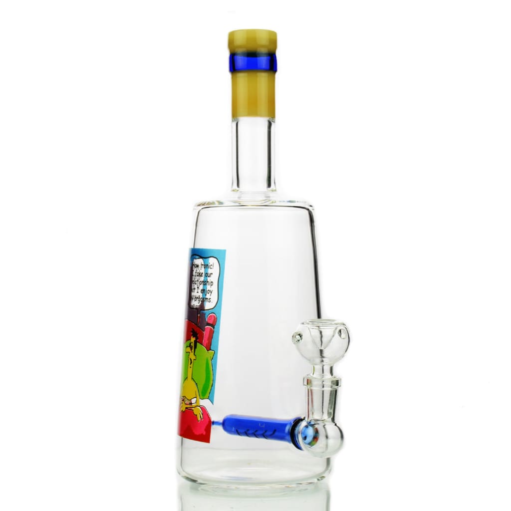 Clear Simpsons glass bottle bong with 14mm male bowl and blue cap