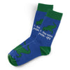 Pair of T-rex hates pushups socks in blue and green, cotton elastic blend crew design