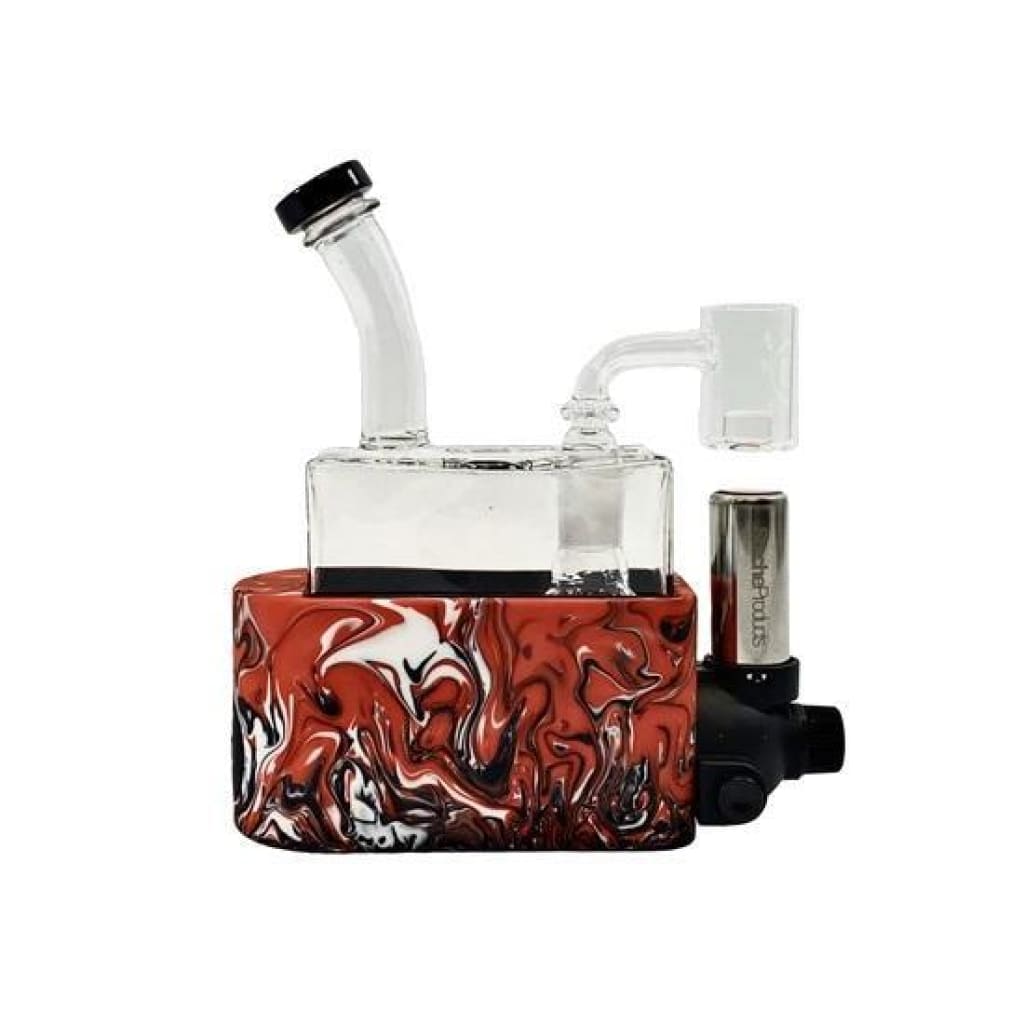Rio dab rig with red and white marbled base, quartz banger, and curved mouthpiece