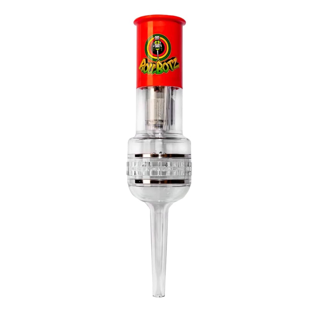 Rollbotz Robokone Filler with red-capped liquor pourer and measuring chamber