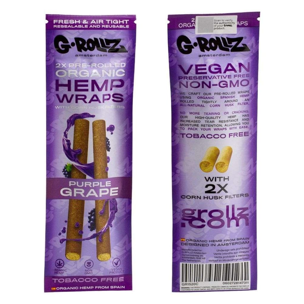G-Rollz Pet Rock purple grape organic hemp wraps packaging; G-Rollz 2x pre-rolled wraps