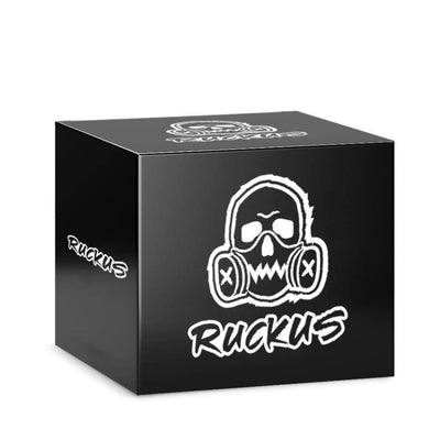 Black cube-shaped box with skull gas mask logo for Ruckus Black 4-piece Grinder