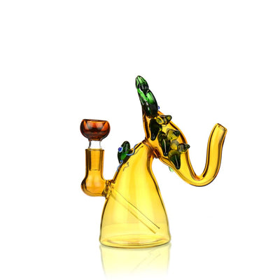 Glass water pipe shaped like a stylized elephant with yellow body, green accents, 14mm male bowl