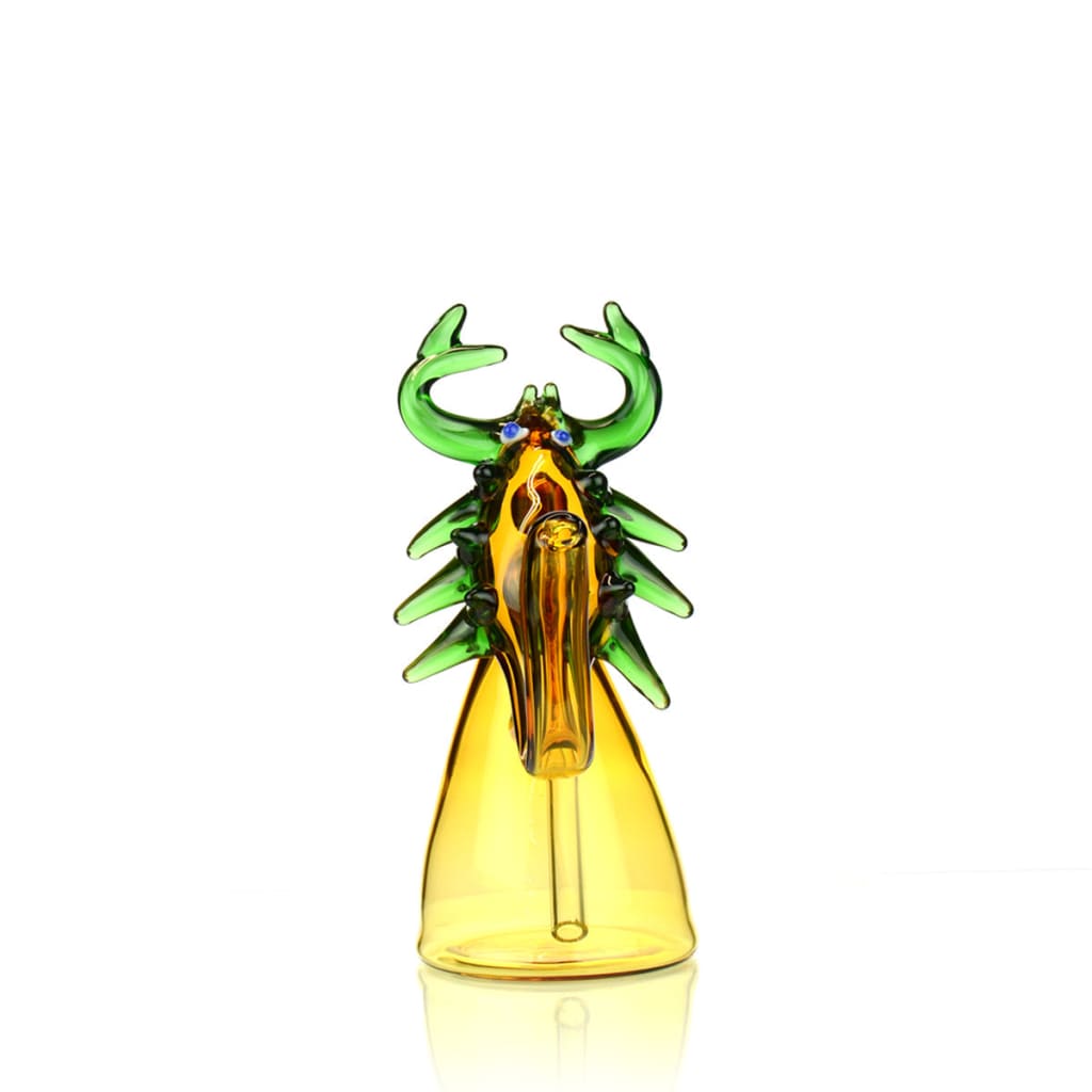 Glass sculpture resembling a stylized creature with green horns - 14mm Male Bowl Water Pipe Accessory