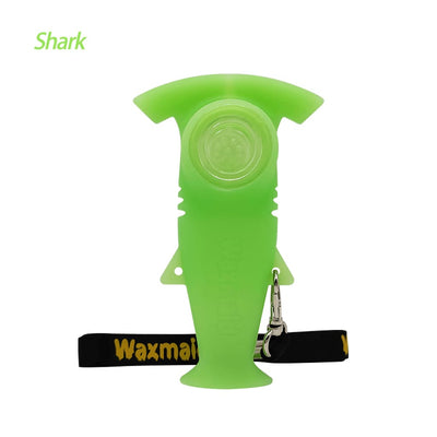 Bright green Waxmaid Shark Hand Pipe made of platinum cured silicone with suction cup base