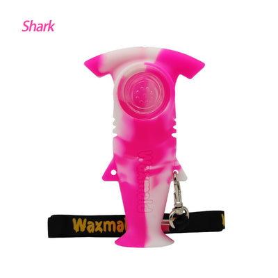 Pink and white Waxmaid Shark Hand Pipe in platinum cured silicone with black Waxma strap