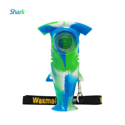 Waxmaid Shark Hand Pipe in blue-green swirls, made of platinum-cured silicone with lanyard