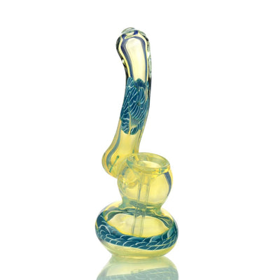 Silver fume glass Sherlock bubbler with yellow and blue swirling twisting art design
