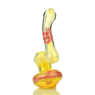 Silver fume glass Sherlock bubbler with yellow coloration and red glass twisting art accents