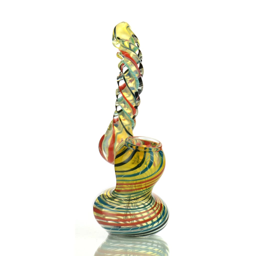 Colorful swirled glass pipe featuring yellow, green, and orange patterns in Sherlock Bubbler Swirling