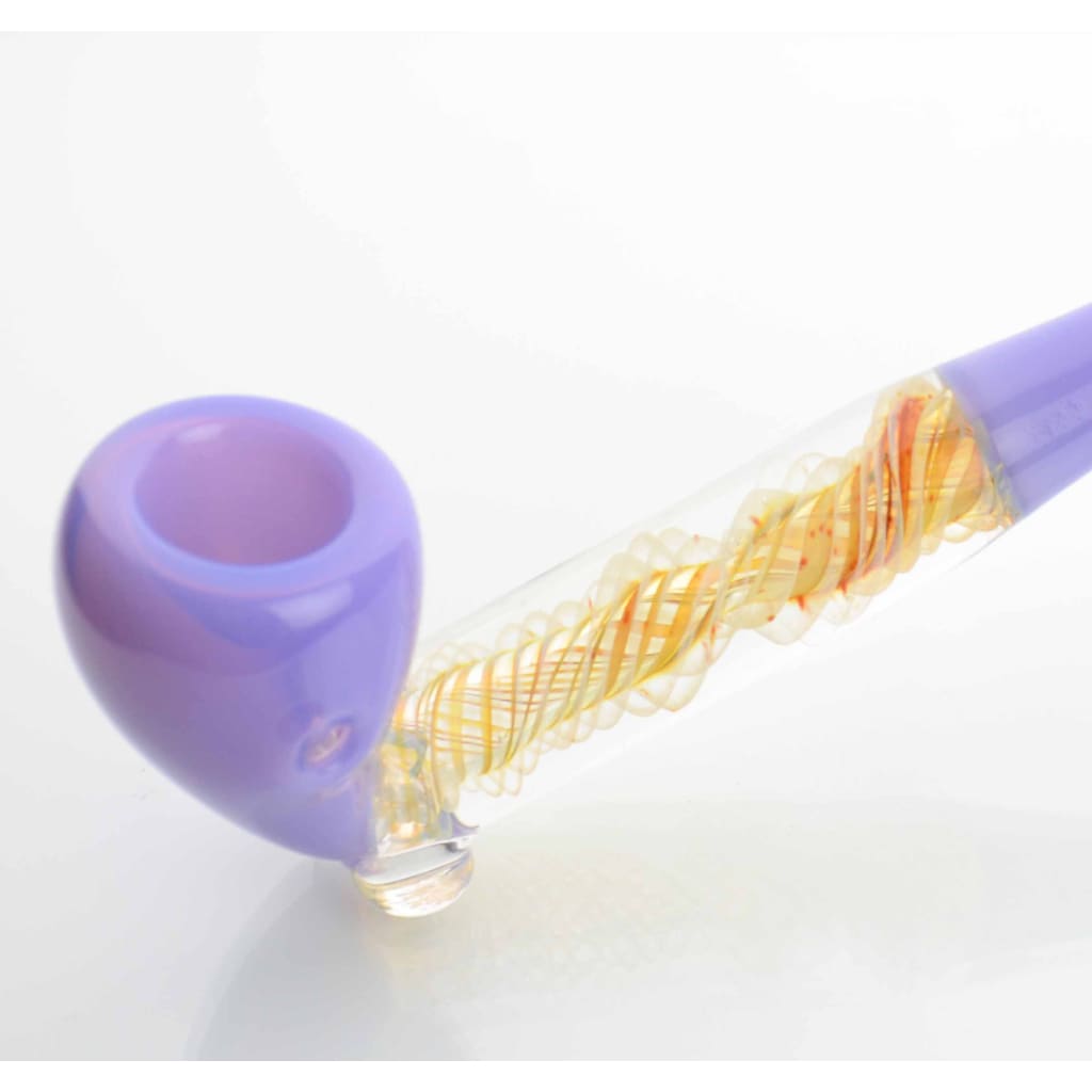Sherlock Milky Tube hand pipe in translucent purple with swirling golden orange design