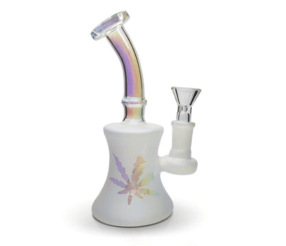Portable glass dab rig with frosted iridescent leaf design and free 90°quartz dab