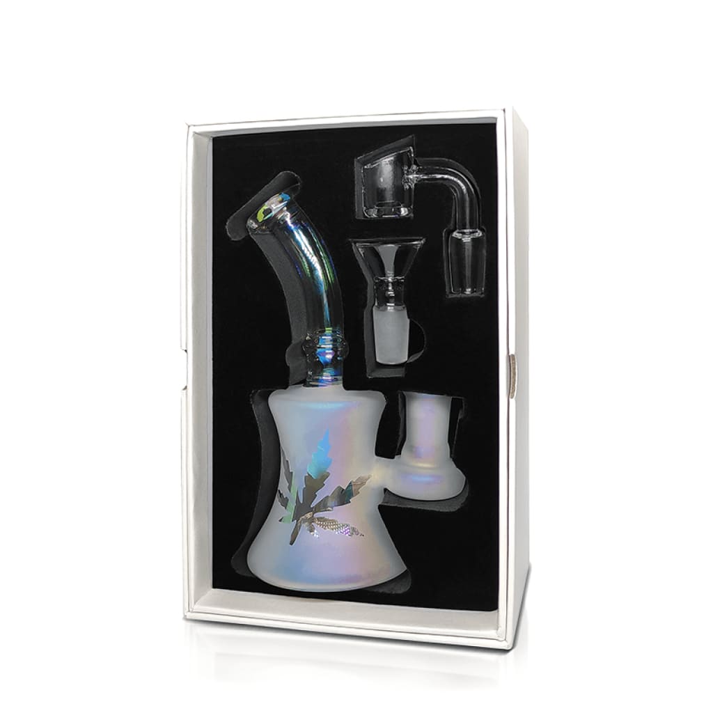 Frosted iridescent glass dab rig with leaf design and free 90° quartz dab