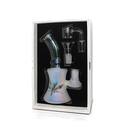 Frosted iridescent glass dab rig with leaf design and free 90° quartz dab
