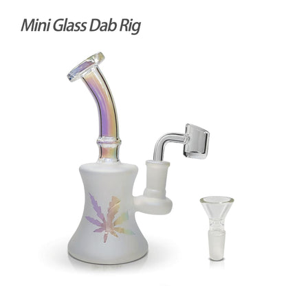 Frosted glass dab rig with iridescent neck, leaf design, honeycomb percolator, and free 90° quartz dab