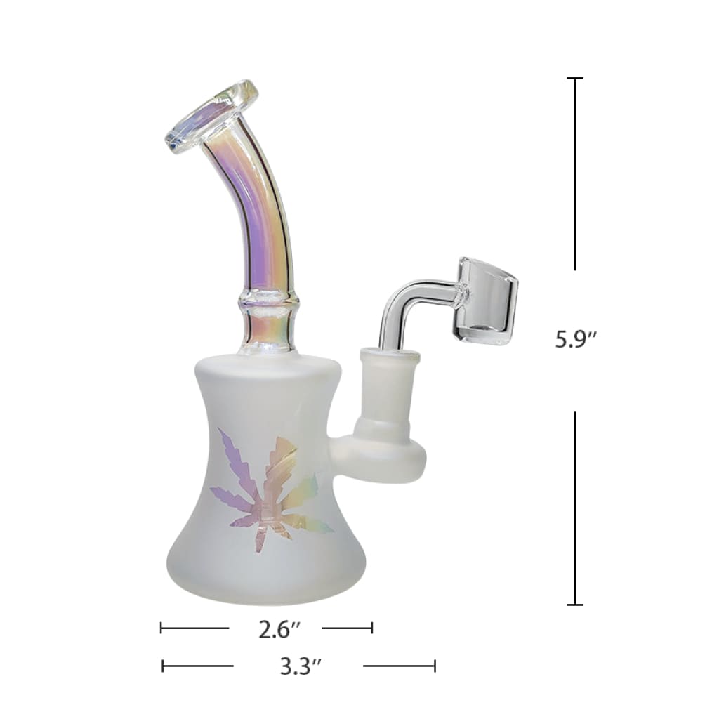 Frosted glass dab rig with iridescent neck, leaf design, honeycomb percolator, free 90° quartz dab
