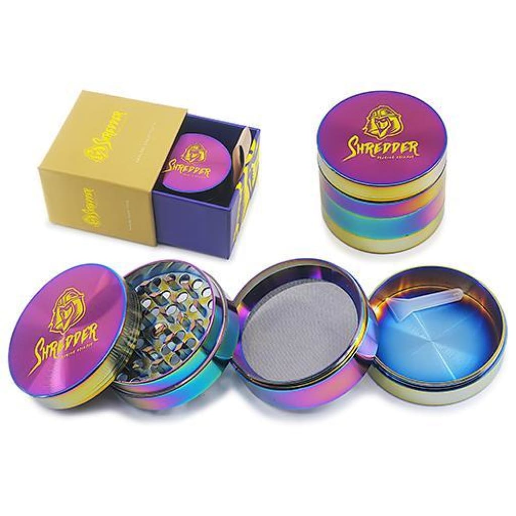 Colorful metal herb grinder, heavy duty 63mm, 4-piece with gift box included, ’Shredder’ branding