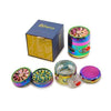 Colorful heavy duty 63mm herb grinder with rainbow rim stash and decorative patterns