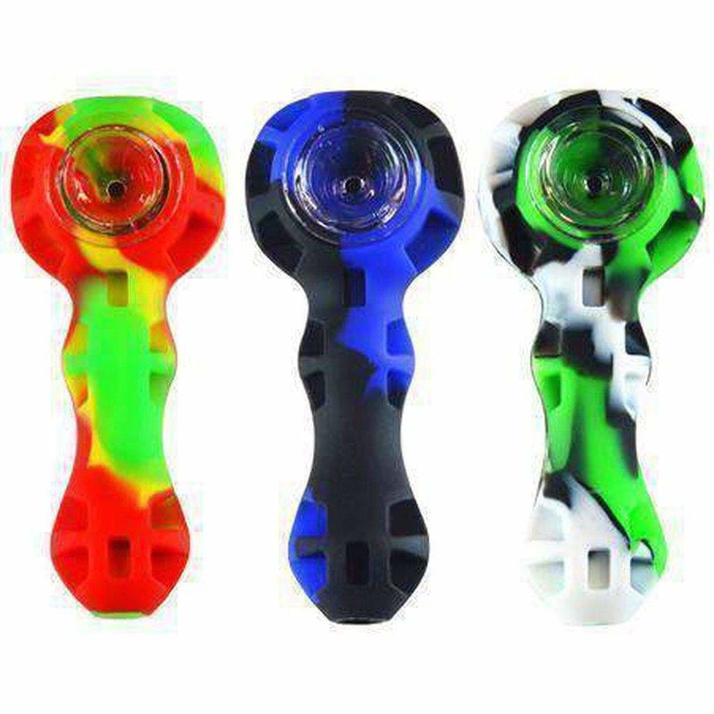 Colorful Silicone Spoon Pipe with Inlaid Borosilicate Glass Bowl in vibrant patterns