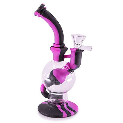 Pink and black glass water pipe with a 14mm bowl insert for silicone water pipes