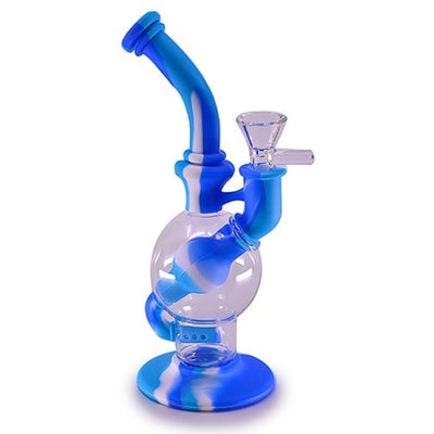 Blue and clear glass pipe with spherical chamber for 14mm bowl insert in silicone water pipes