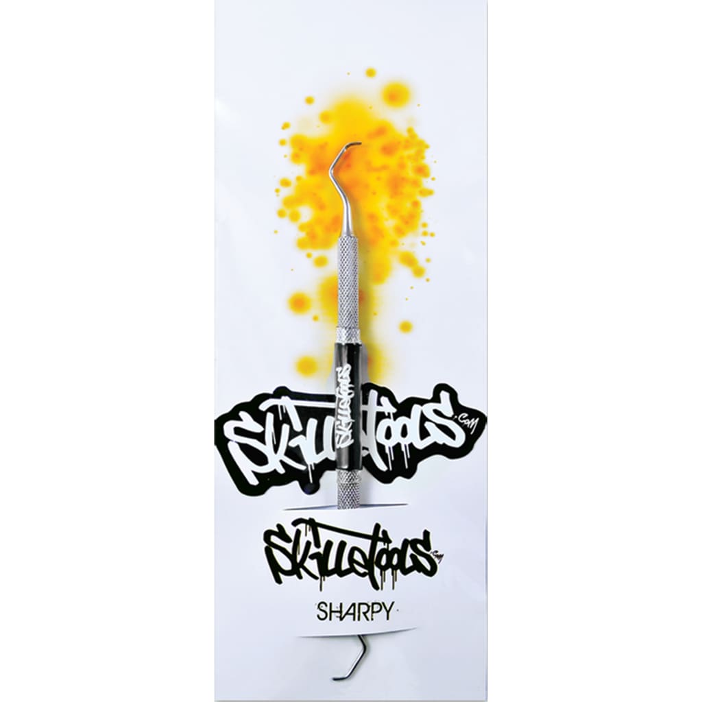 Syringe with yellow liquid labeled Sharpy, featuring crumble comfort grip and iconic logo great