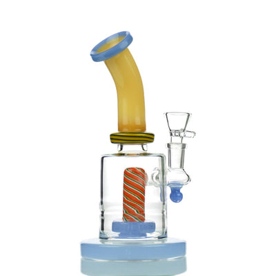 Glass water pipe with yellow curved neck and colorful percolator, Slim Reverse showerhead water pipe with 14mm male bowl