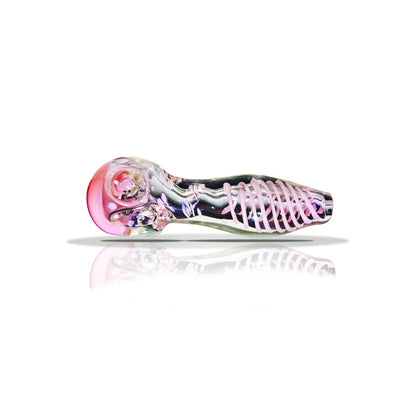 Pink and clear handmade glass pipe with skeletal design in Slime Swirl pattern