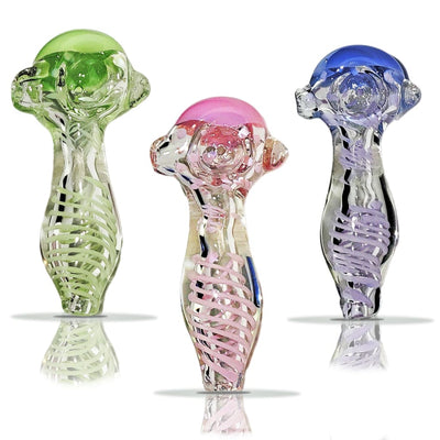 Three colorful handmade glass pipes in green, pink, and blue Slime Swirl design