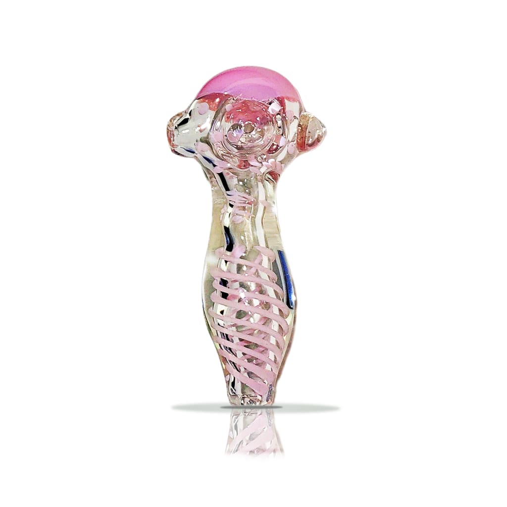 Handmade glass pipe featuring pink and clear swirl design with color-changing feature