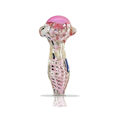 Handmade glass pipe featuring pink and clear swirl design with color-changing feature
