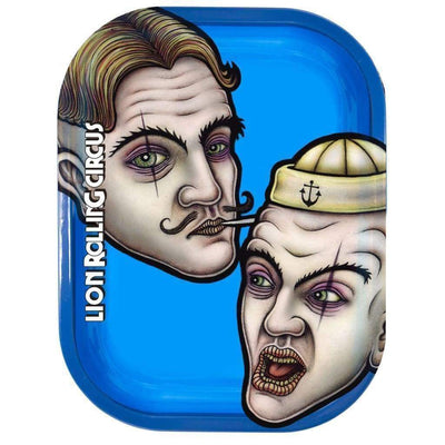 Stylized illustration on Lion Rolling Circus small metal rolling tray with two distorted faces