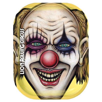 Creepy clown face with colorful makeup on Lion Rolling Circus Freaky Metal Rolling Trays