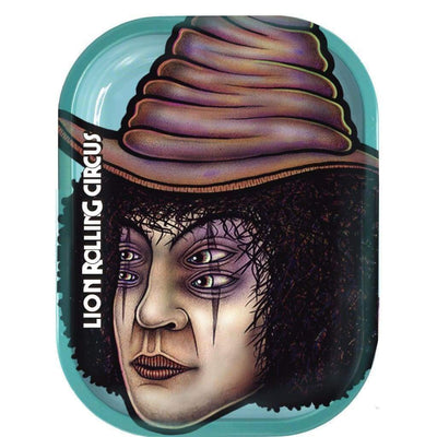 Surreal portrait with multiple eyes and ice cream hat on Lion Rolling Circus metal rolling tray