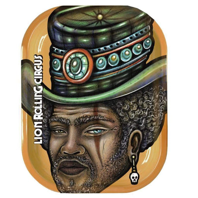 Stylized person with ornate green top hat on Lion Rolling Circus Freaky Metal Rolling Trays